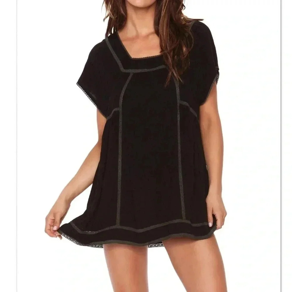 L*Space Black Silver Trim Embroidered Boho Lynnie Tunic Dress Size Small NWT